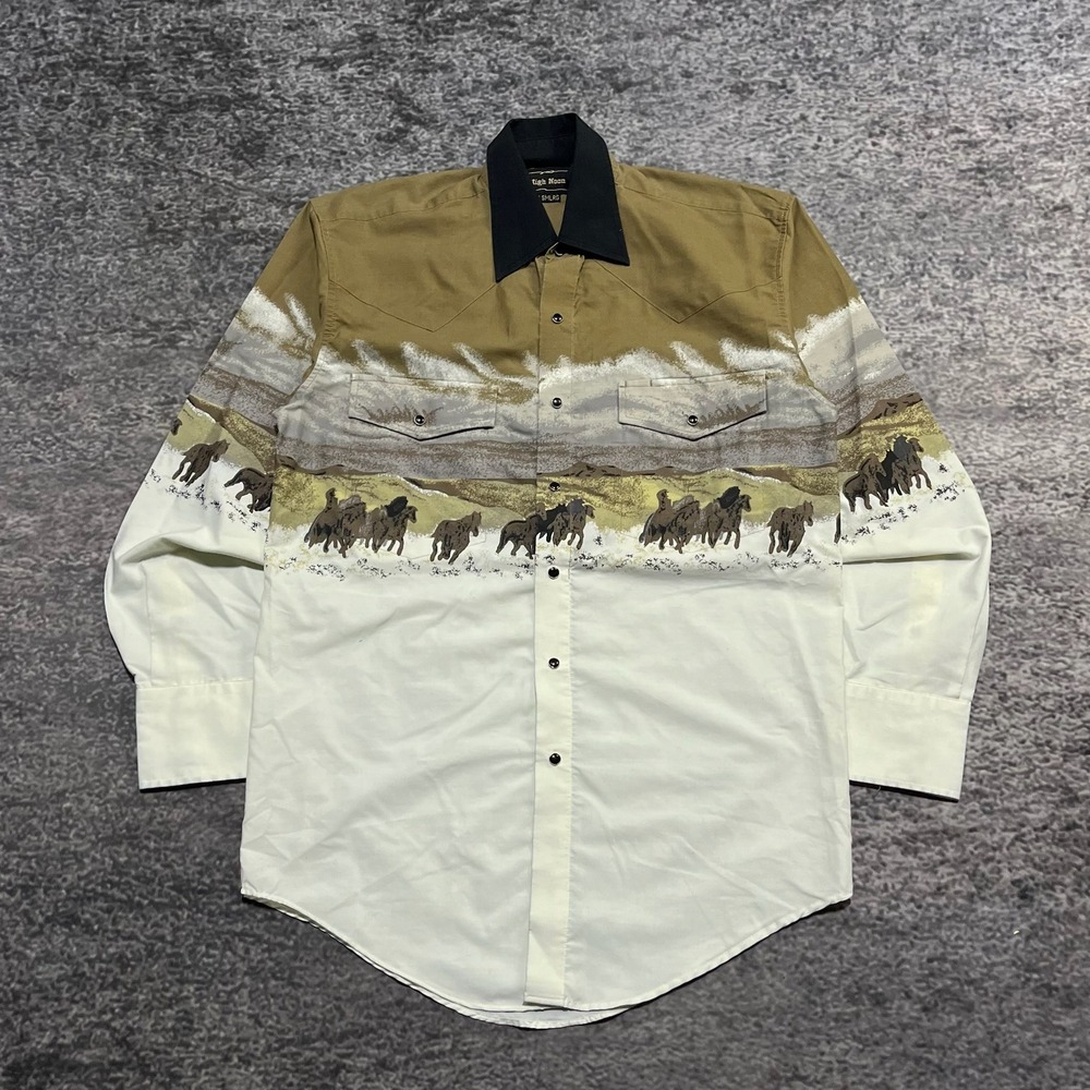 Vintage High Noon Western Shirt Mens Large Cowboy Horses Pearl Snap‎ Long Sleeve